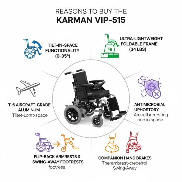 Karman VIP-515 Tilt in Space Folding Wheelchair With Ultra-Light Ergonomic Design