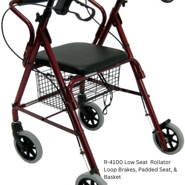 R-4100 Low Seat Rollator Loop Brakes, Padded Seat & Basket