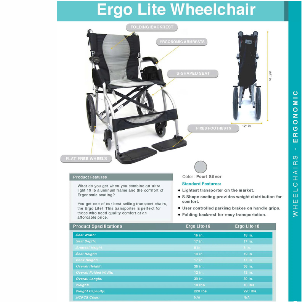 Ergo Lite & Flight Ultra Lightweight Ergonomic Transport Wheelchair Silver 16