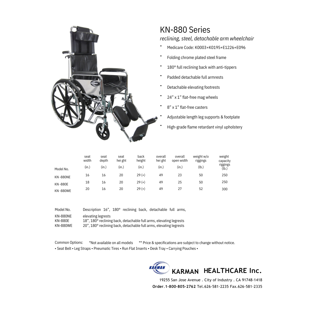Karman KN-880 Reclining Wheelchair 180° Full Recline Extra Wide 20