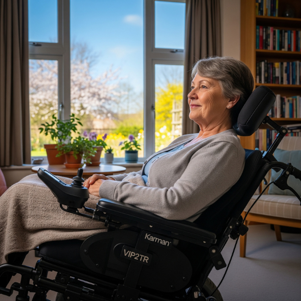 woman in Karman VIP 2TR Tilt and Recline wheelchair, highlighting it's popularity in a long term care setting, for its Anti-gravity tilt, fold-ability, lightweight and fall prevention with ergonomic support at all times.