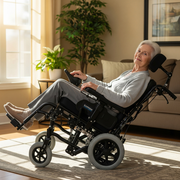 “Karman VIP 2TR Wheelchair with reclined backrest supporting upper spine.A Karman VIP2-TR tilt-in-space recline wheelchair is positioned in a modern, sunlit living room. The user, a middle-aged woman, is seated comfortably in the chair, demonstrating the tilt and recline functions. The image highlights the chair's ergonomic adjustments, such as the adjustable armrests, the control levers for tilt and recline, and the anti-tippers at the back.