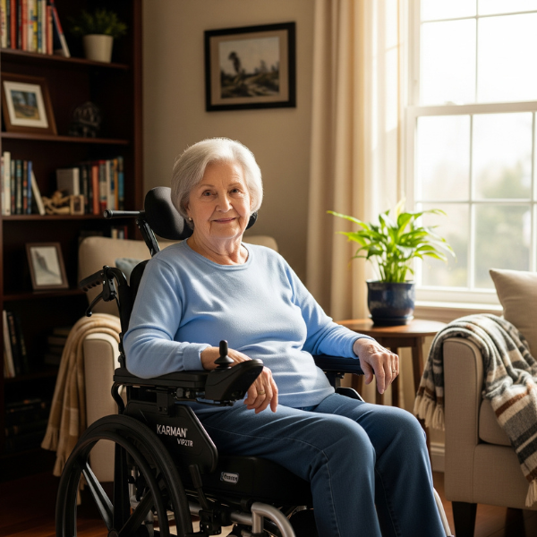 Senior Citizen in Karman VIP2 TR wheelchair post dialysis treatment and uses it for daily commutes. Dialysis sessions demand long periods of seated stillness, often triggering shear, discomfort, and blood pressure fluctuations.
The VIP2TR’s pressure redistribution and recline features reduce shear forces and support circulatory regulation, delivering comfort and endurance.
