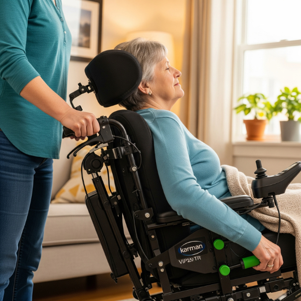 Woman with upper body weakness and muscle tonicity weakness, in a Karman VIP2TR Tilt and Recline Wheelchair in a care setting.