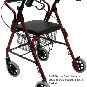 R-4100 Low Seat  Rollator Loop Brakes, Padded Seat & Basket