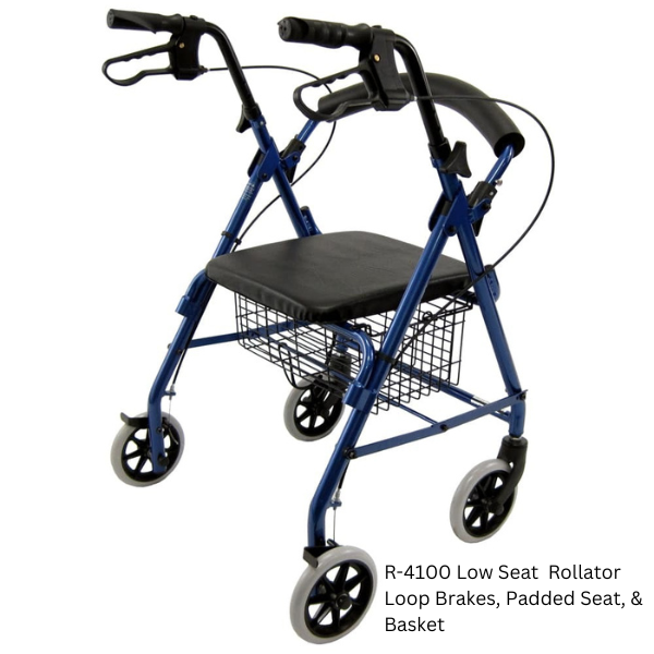R-4100 Low Seat  Rollator Loop Brakes, Padded Seat & Basket