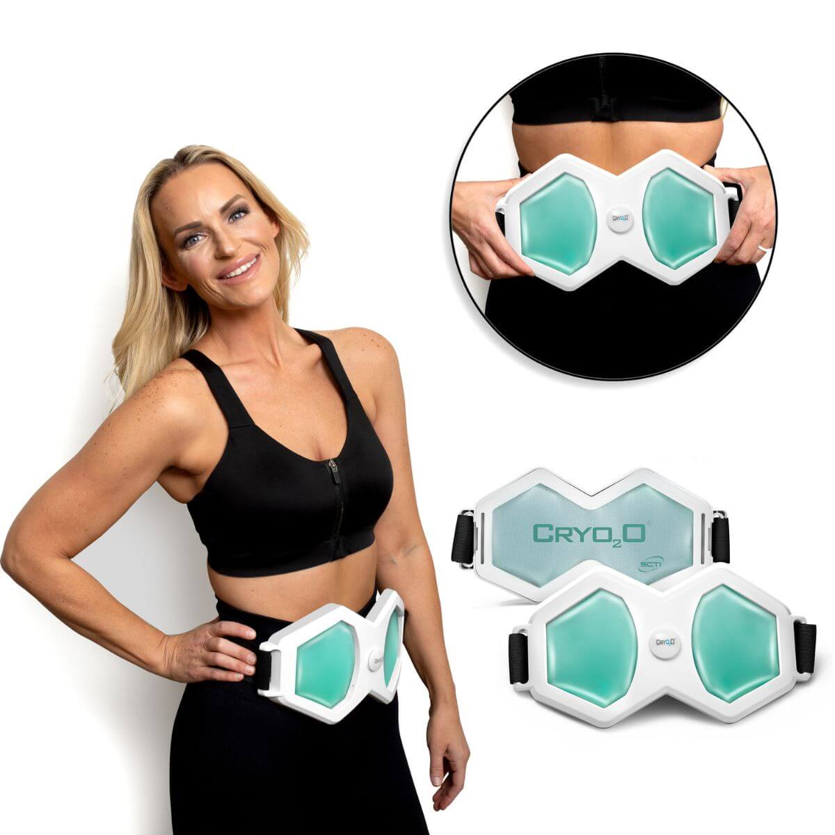 Woman wearing a black sports bra and leggings with Cryo therapy devices on a white background