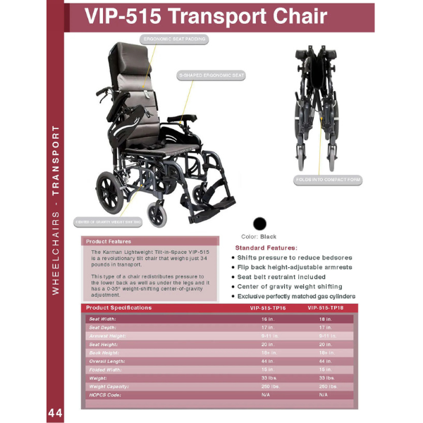 Karman VIP-515 Tilt in Space Folding Wheelchair With Ultra-Light Ergonomic Design