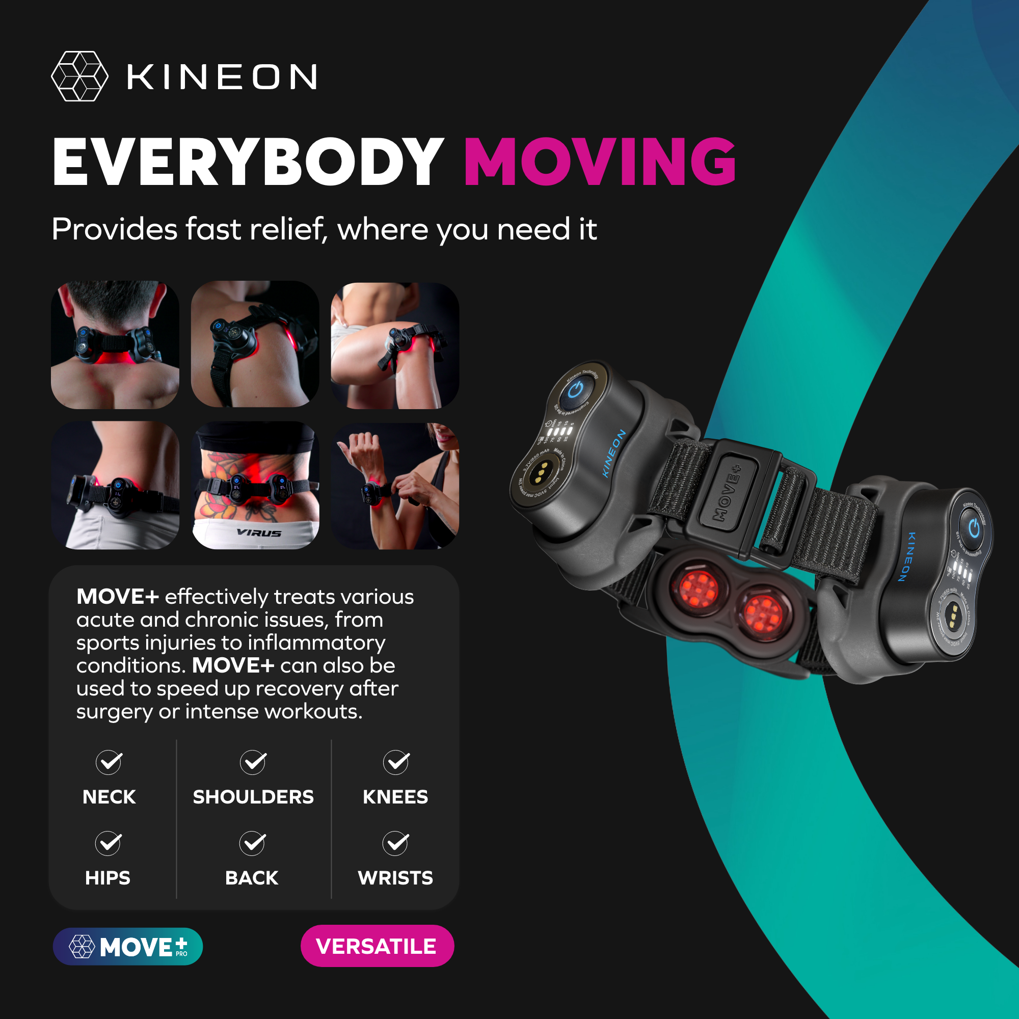Kineon MOVE+ wearable device used on joints and muscles for targeted red light therapy and pain relief-Rivete Adv Recovery and Mobility