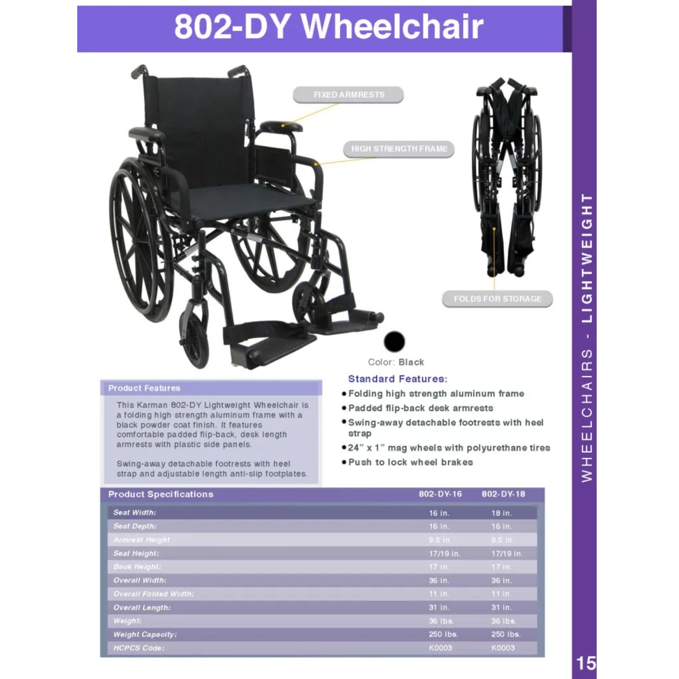 Ultra Lightweight Wheelchair with Flip Back Armrest 802-DY 30lb